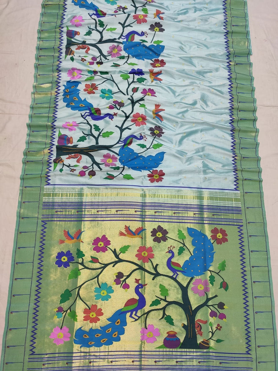 Pure silk handloom peckok parrot design half all over brocade paithani saree