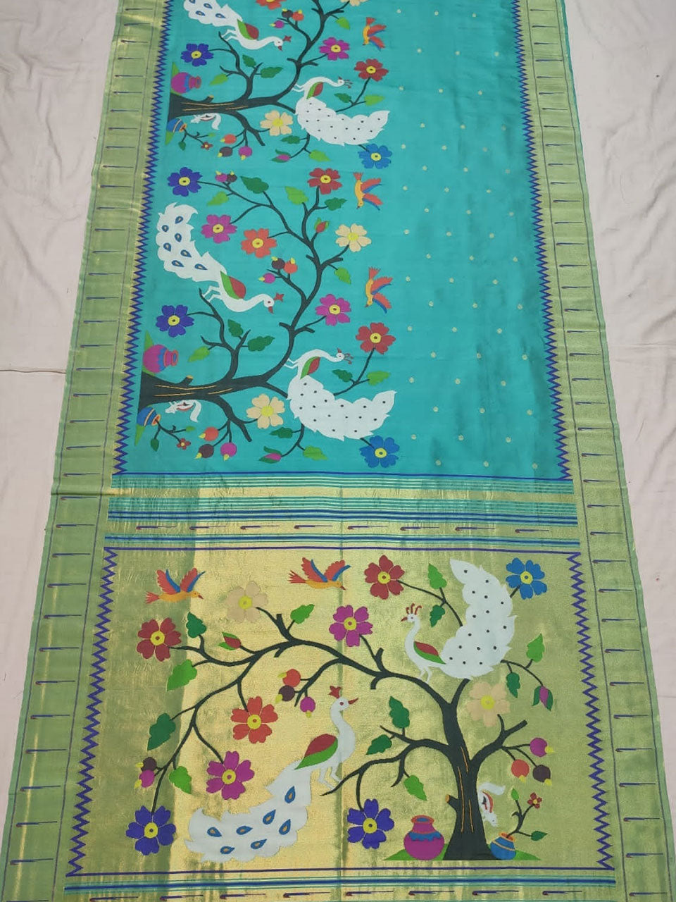 Pure silk handloom peckok parrot design half all over brocade paithani saree