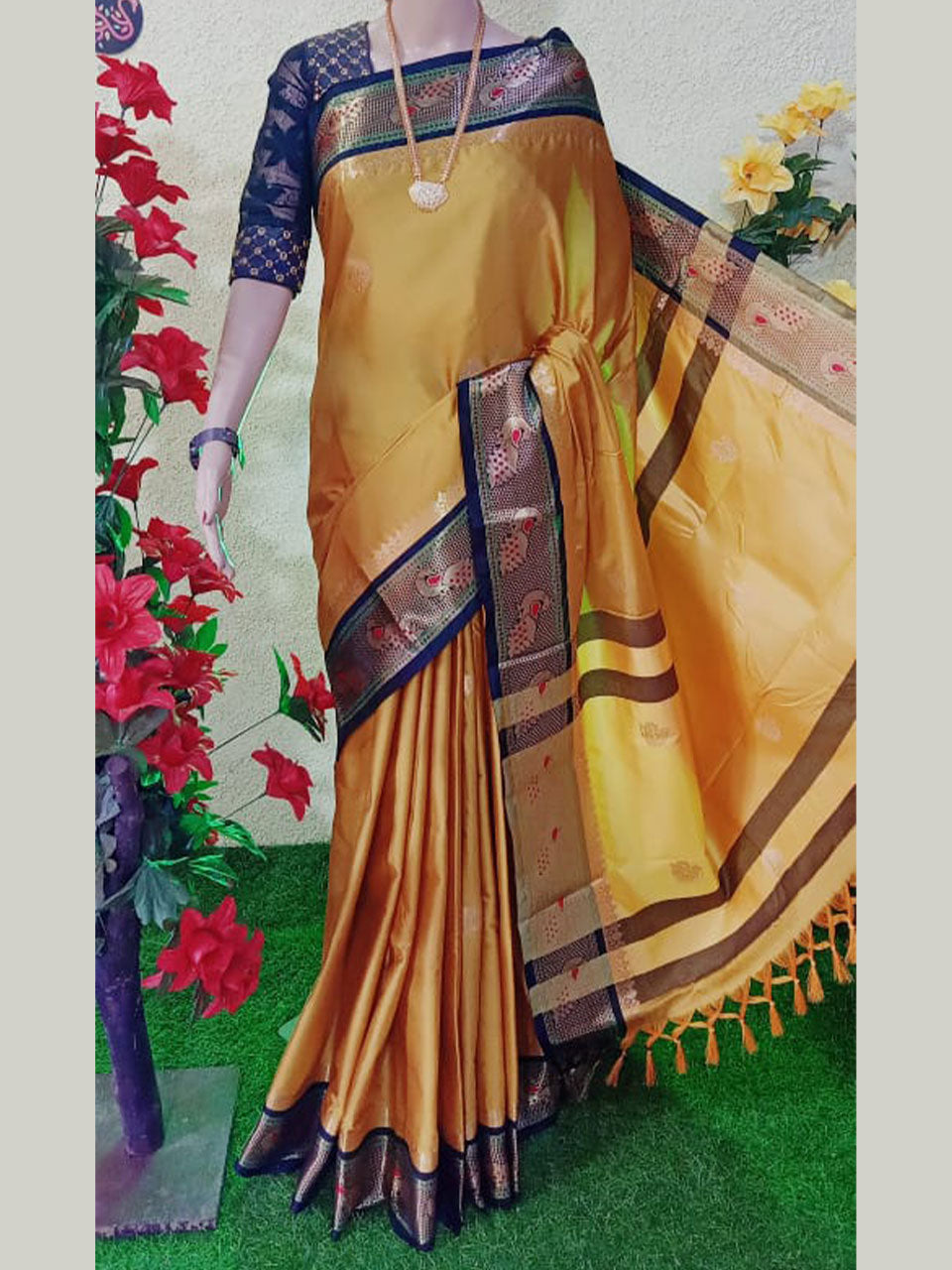 Peacock border paithani Soft sico silk saree with contrast blouse