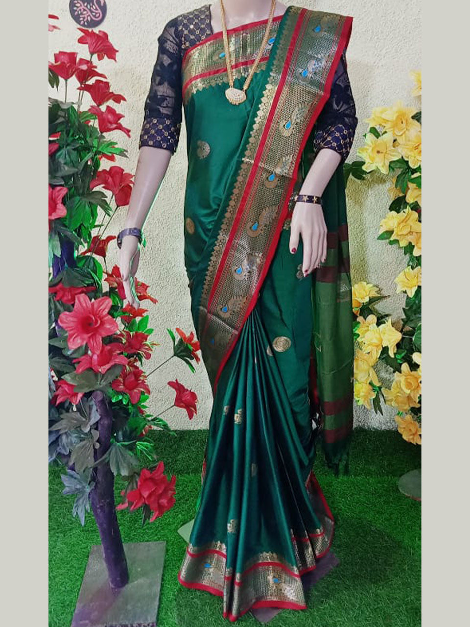 Peacock border paithani soft sico silk saree all over butti