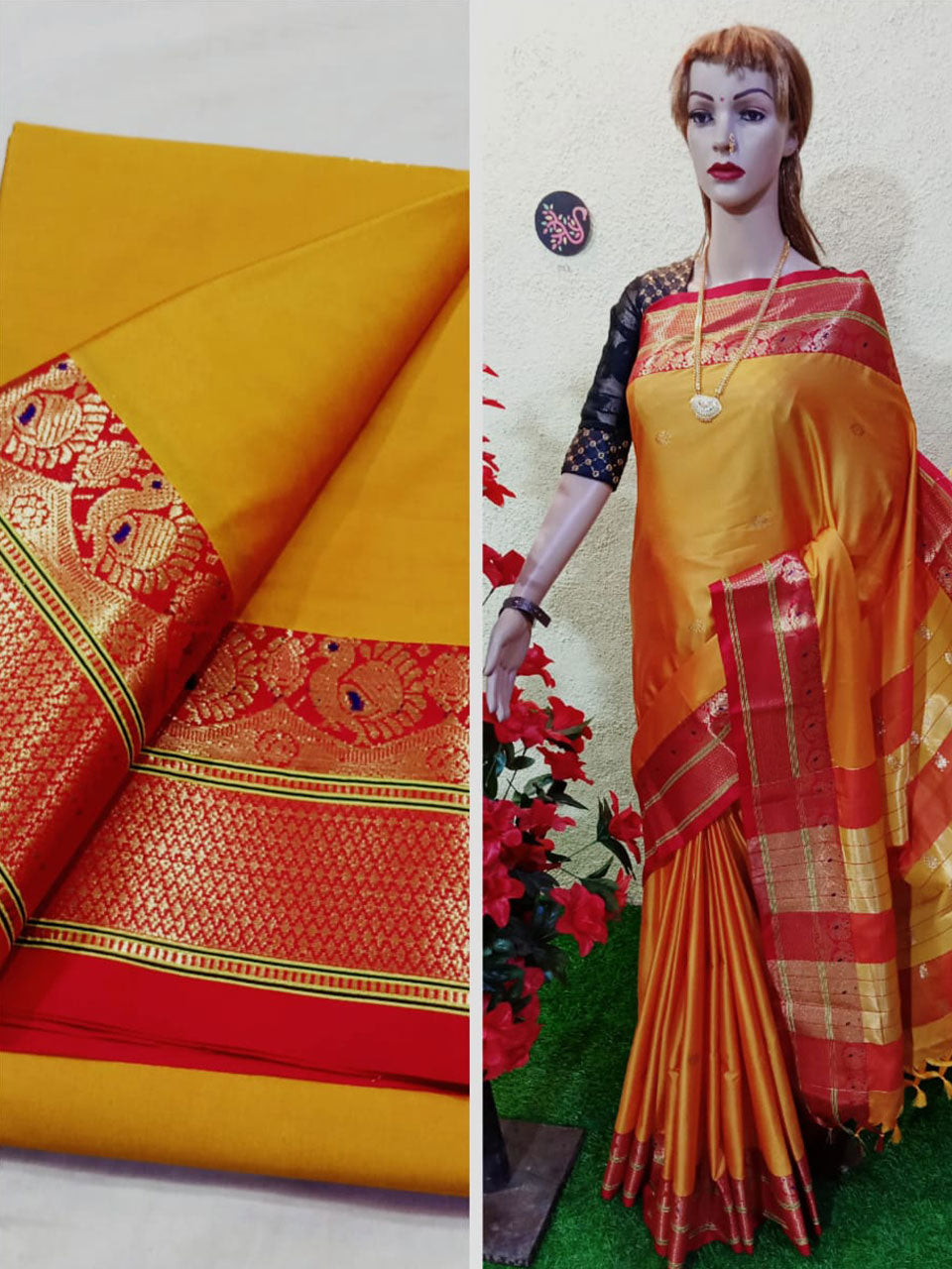 Peshvai border paithani soft sico silk saree with contrast blouse