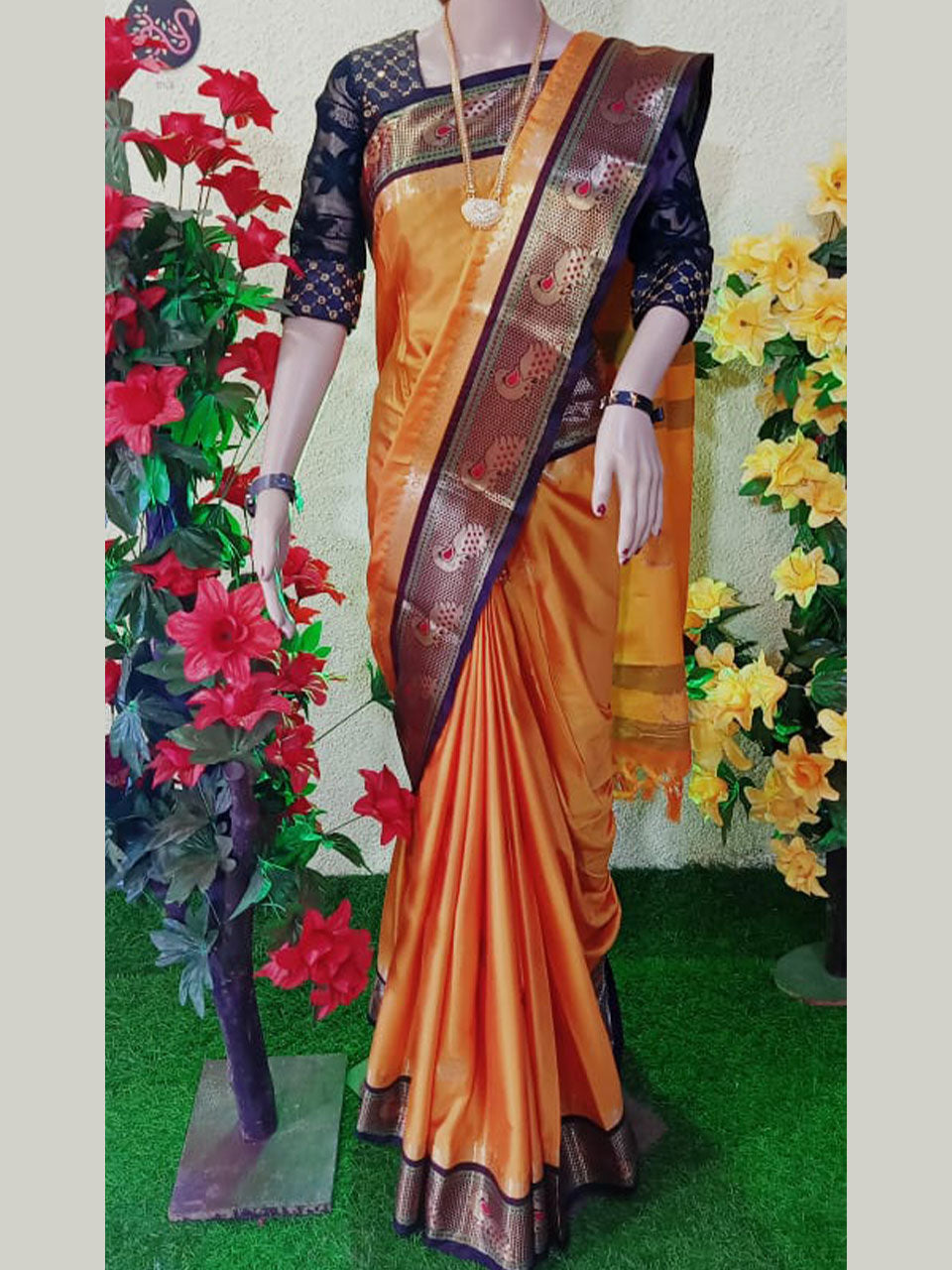 Peacock border paithani soft sico silk saree all over butti