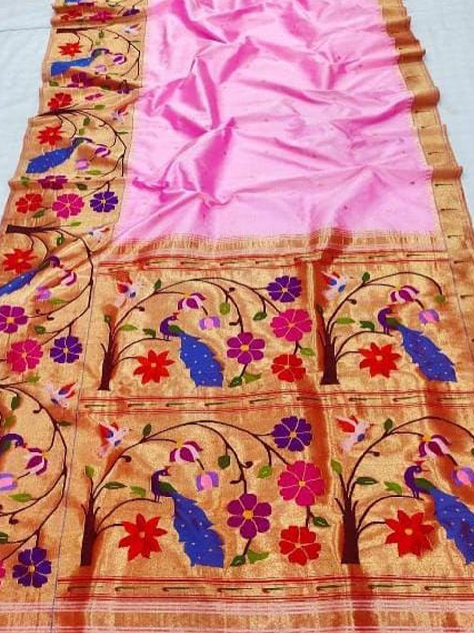 Pure silk handloom peacock flowers design half all over brocade paithani saree