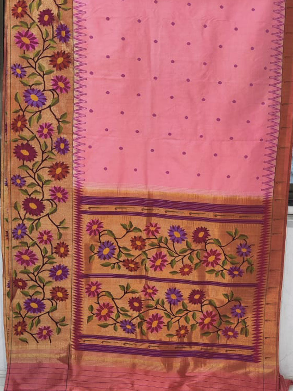 Pure silk handloom peacock parrot design half all over brocade paithani saree