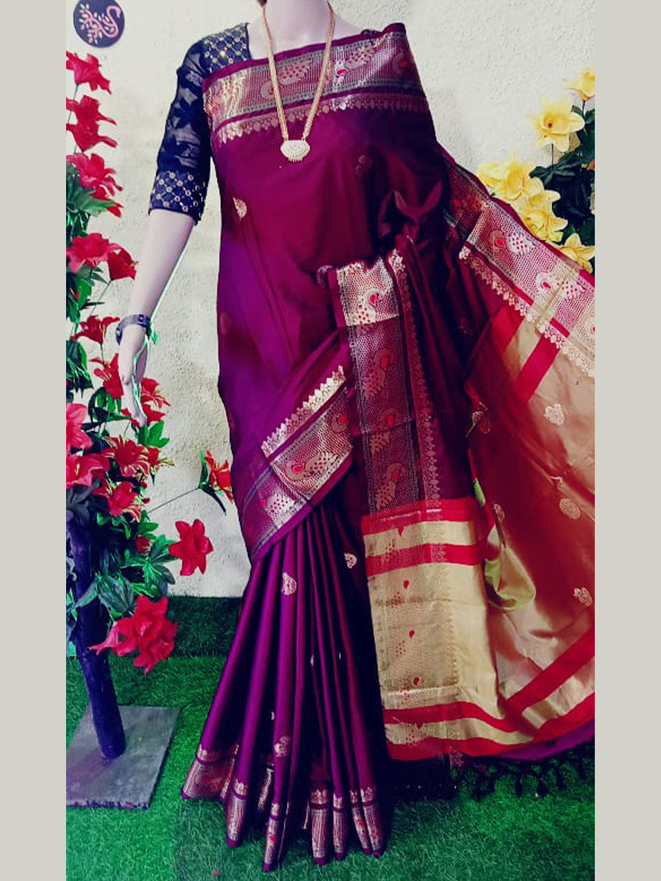 Peacock border paithani soft sico silk saree all over butti