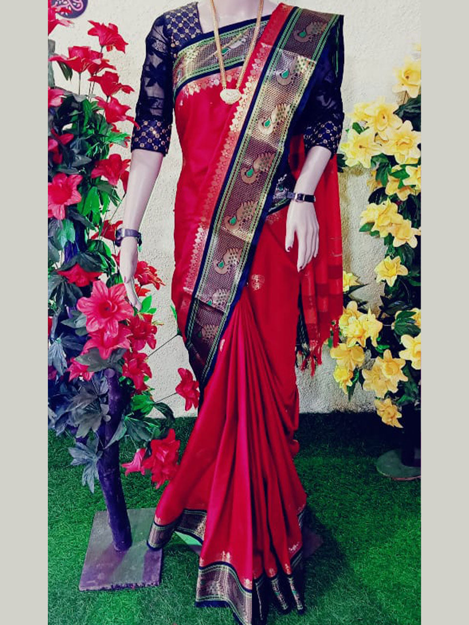 Peacock border paithani soft sico silk saree all over butti